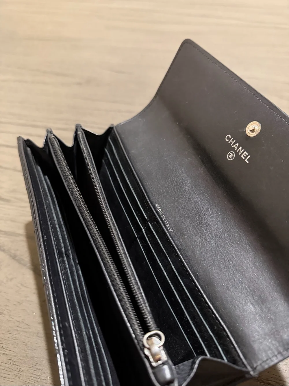 CHANEL Black Quilted Patent Leather Wallet with Silver CC Hardware